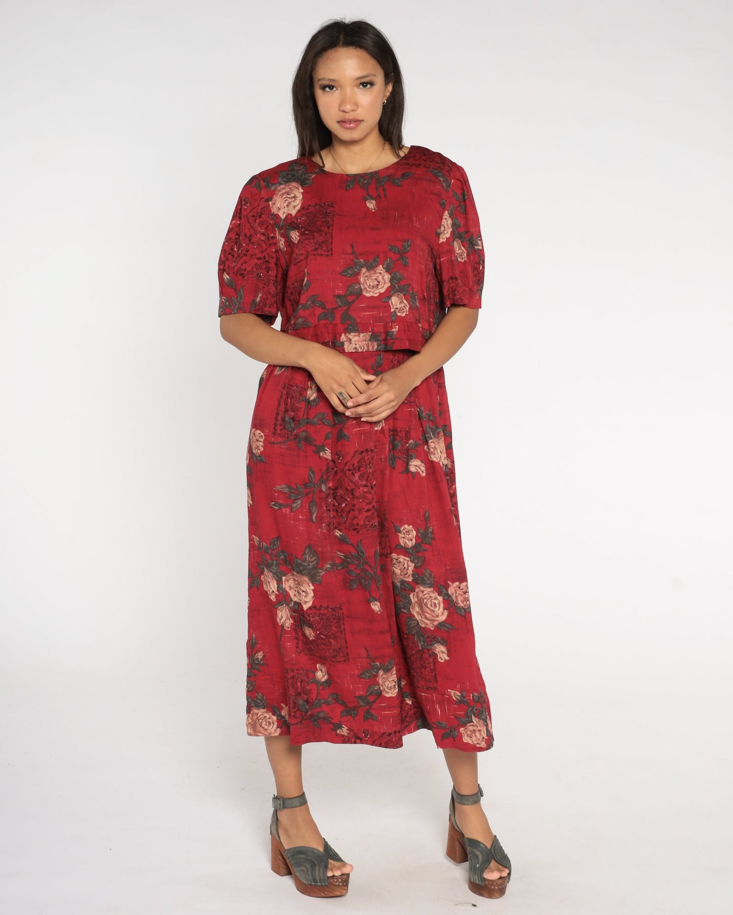 90s Dark Red Floral Rayon Maxi Dress Short Sleeve Rose Print Large