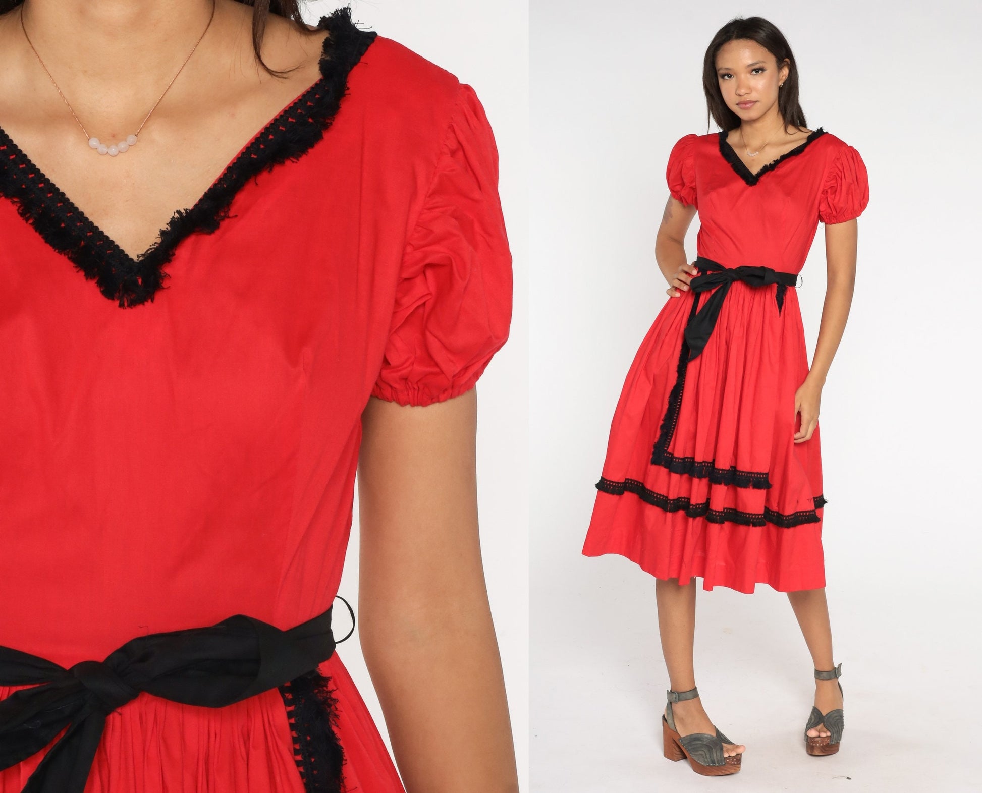 1960s Red Puff Sleeve Midi Dress Black Fringe High Waist Extra Small