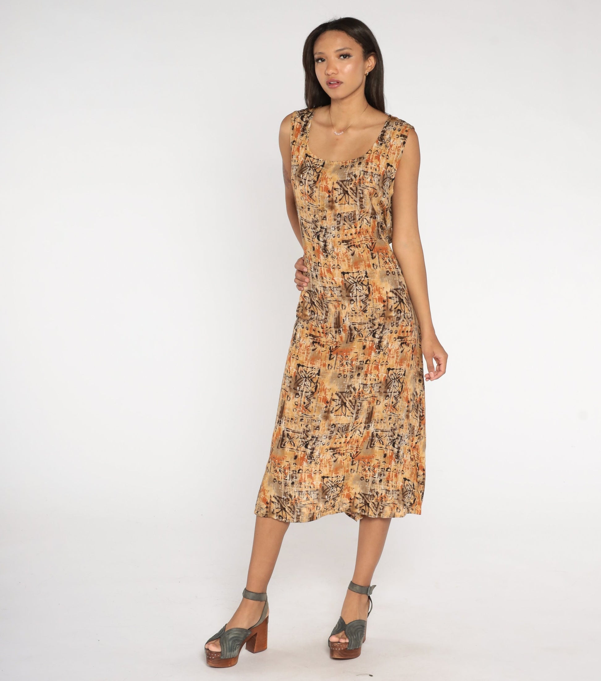 90s Notations Floral Midi Dress Geometric Print Tan Brown Orange Petite Large
