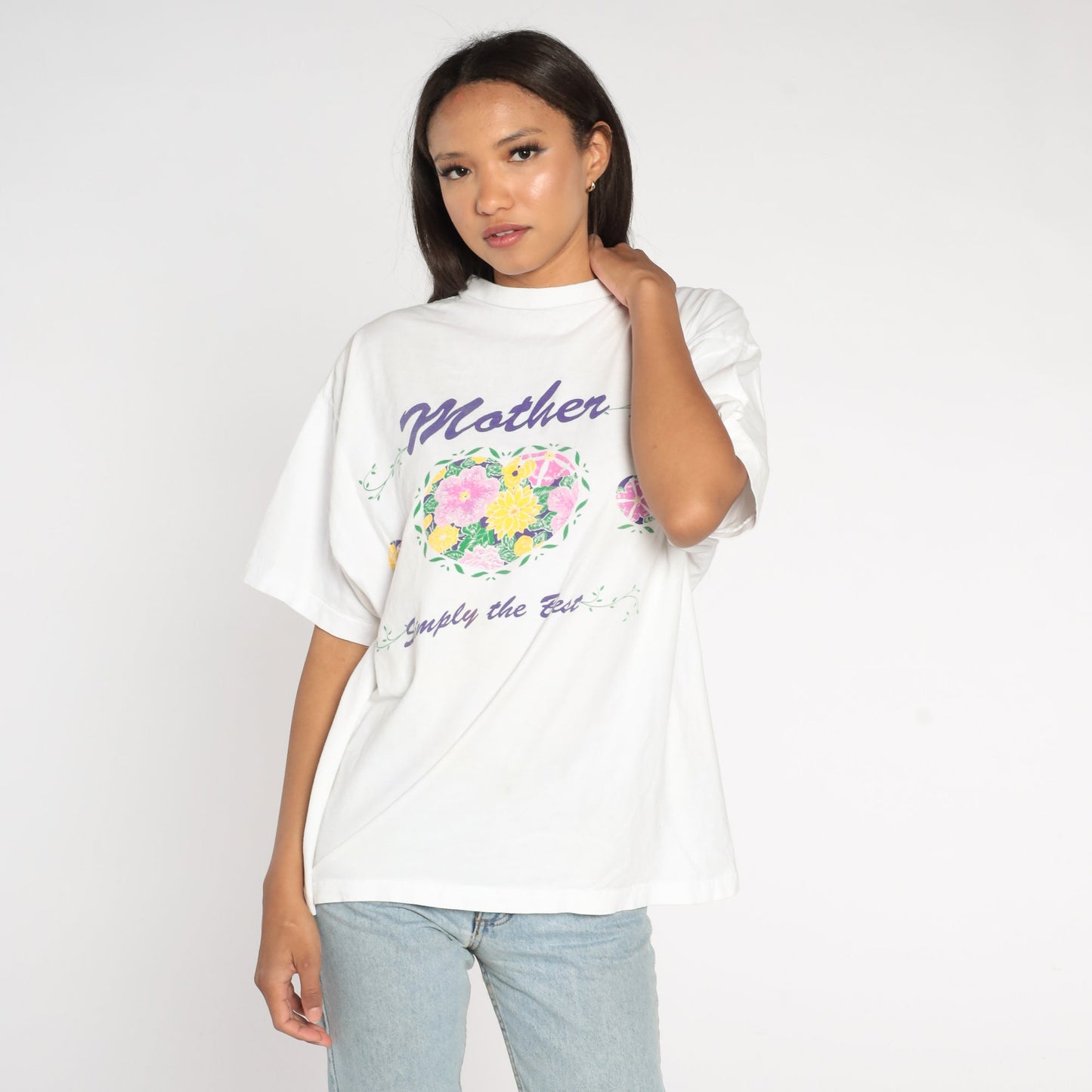 90s Mother Simply The Best Graphic T-Shirt Floral Print White Cotton Extra Large
