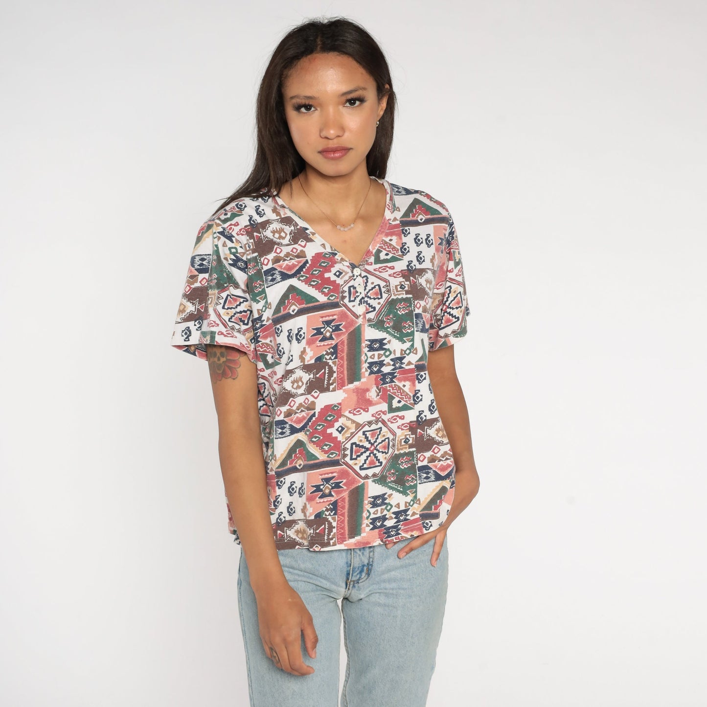 90s Southwestern Aztec Henley T-Shirt Geometric Print Pink Brown Red Large L