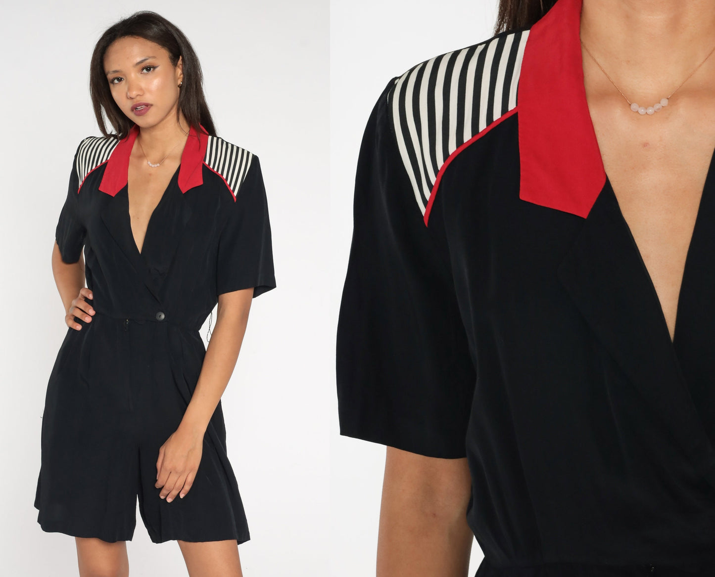 90s Black Striped Wrap V-Neck Romper Red White Trim Short Sleeve Small S