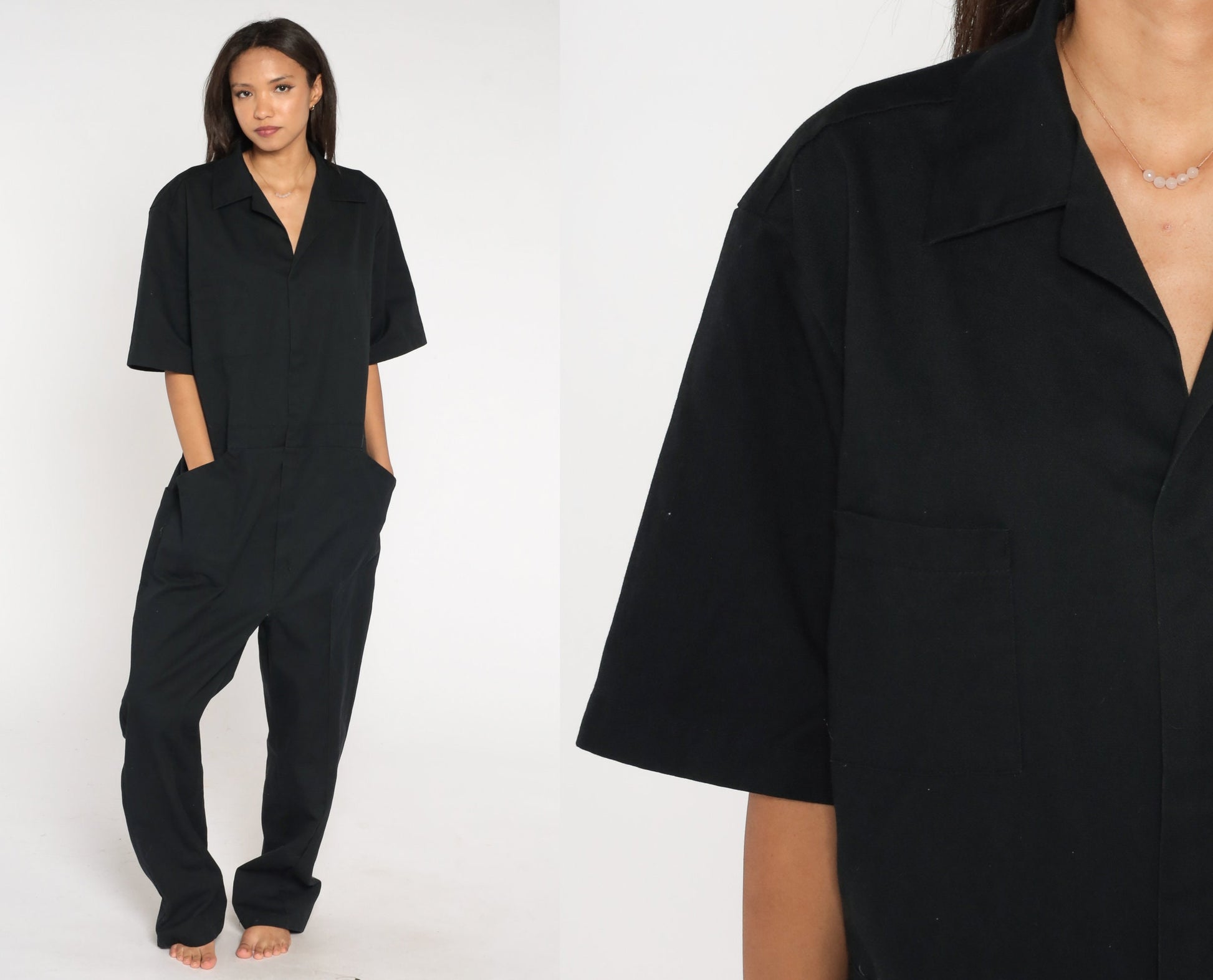 90s Black Coveralls Short Sleeve Workwear Jumpsuit Men's Large L