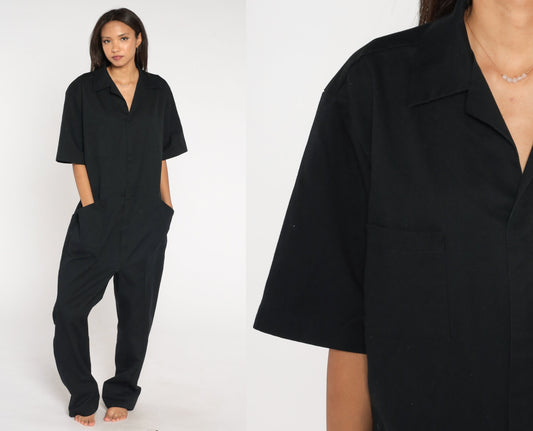 90s Black Coveralls Short Sleeve Workwear Jumpsuit Men's Large L