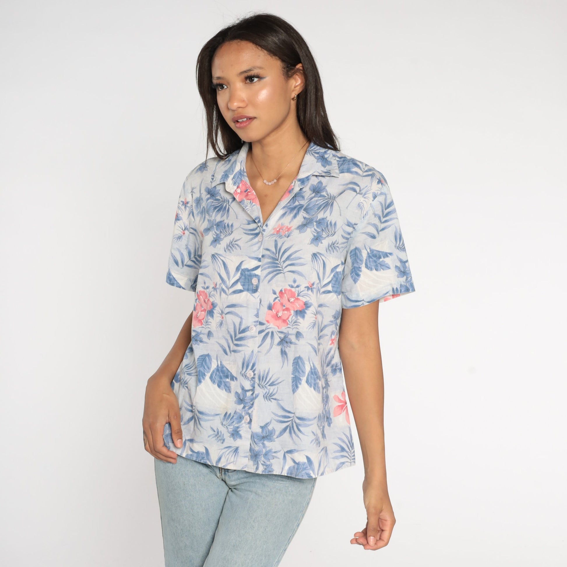 90s Floral Button Up Shirt Blue Pink Short Sleeve Blouse Large