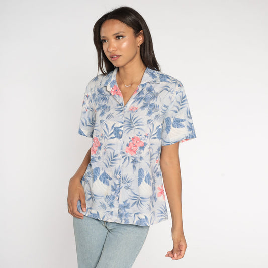 90s Floral Button Up Shirt Blue Pink Short Sleeve Blouse Large