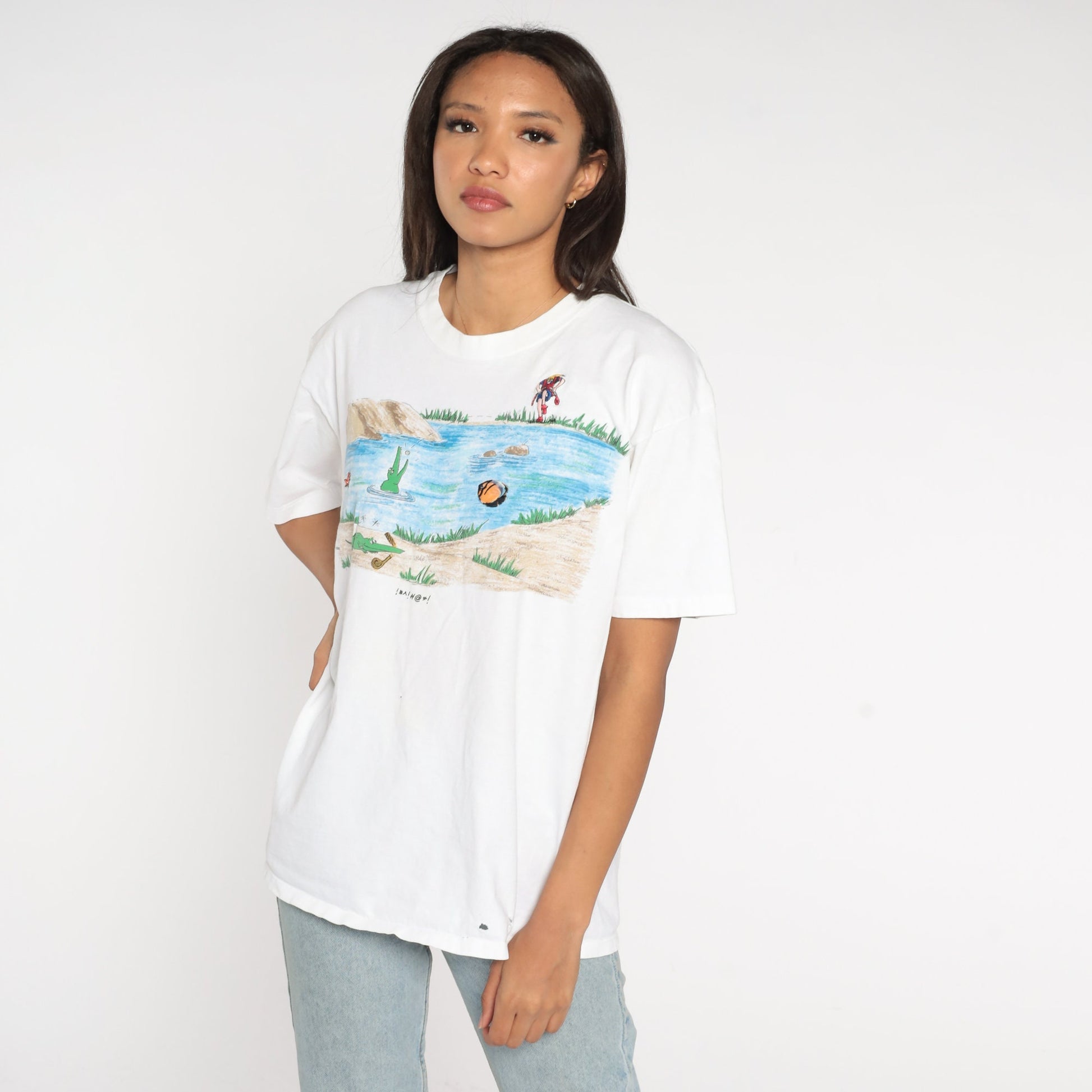 90s Golf Shirt Golfer Alligator Pond Graphic Tee White Cotton Large