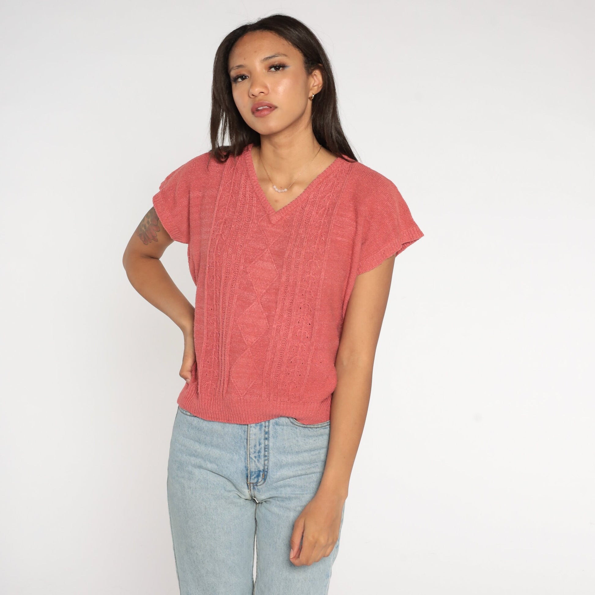 80s Koret Career Coral Cable Knit Sweater V-Neck Cap Sleeve Medium