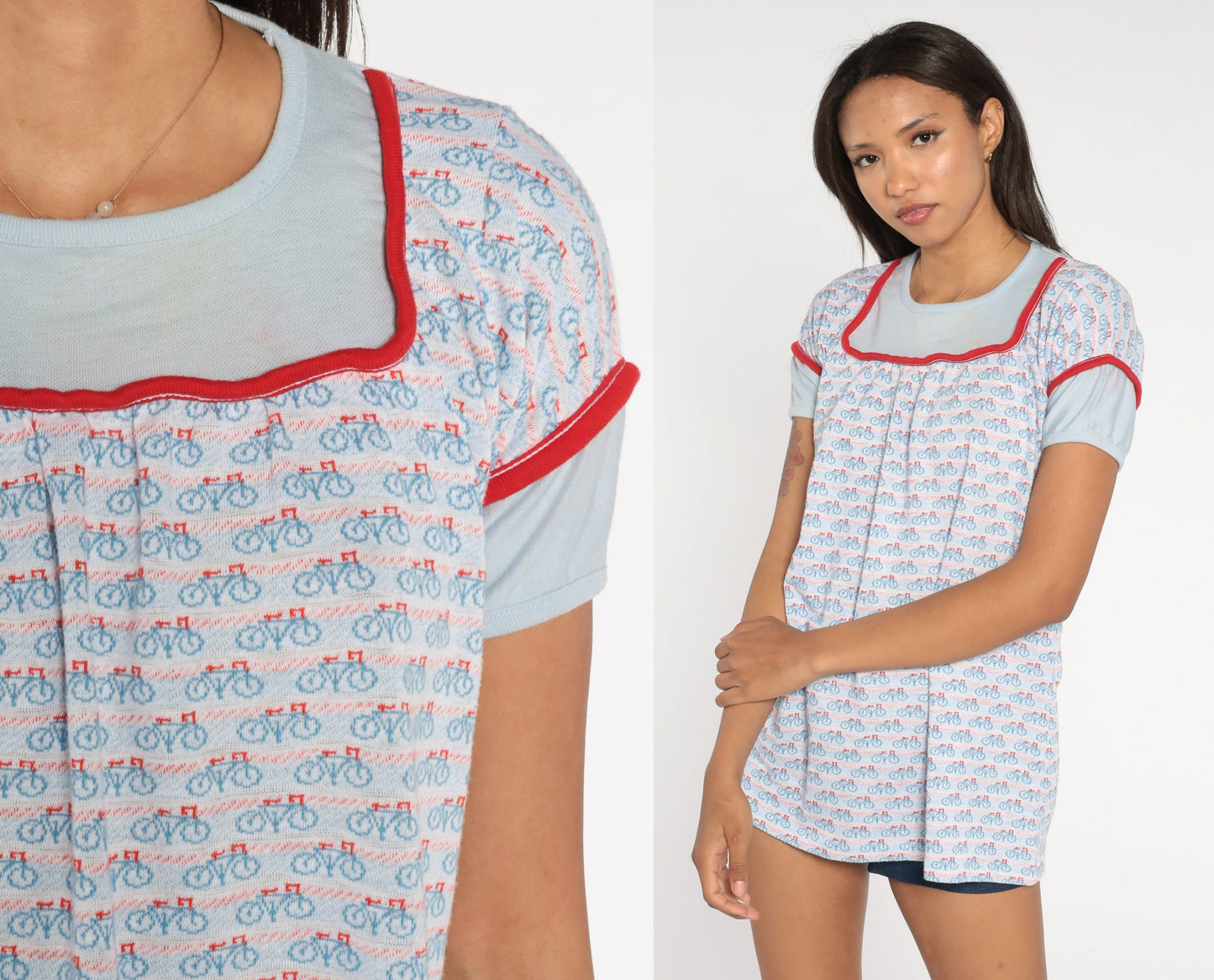 70s Bicycle Graphic Babydoll Tee Red White Blue Yoke Extra Small