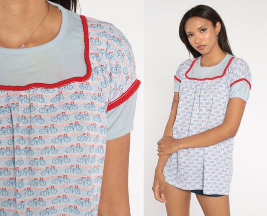 70s Bicycle Graphic Babydoll Tee Red White Blue Yoke Extra Small