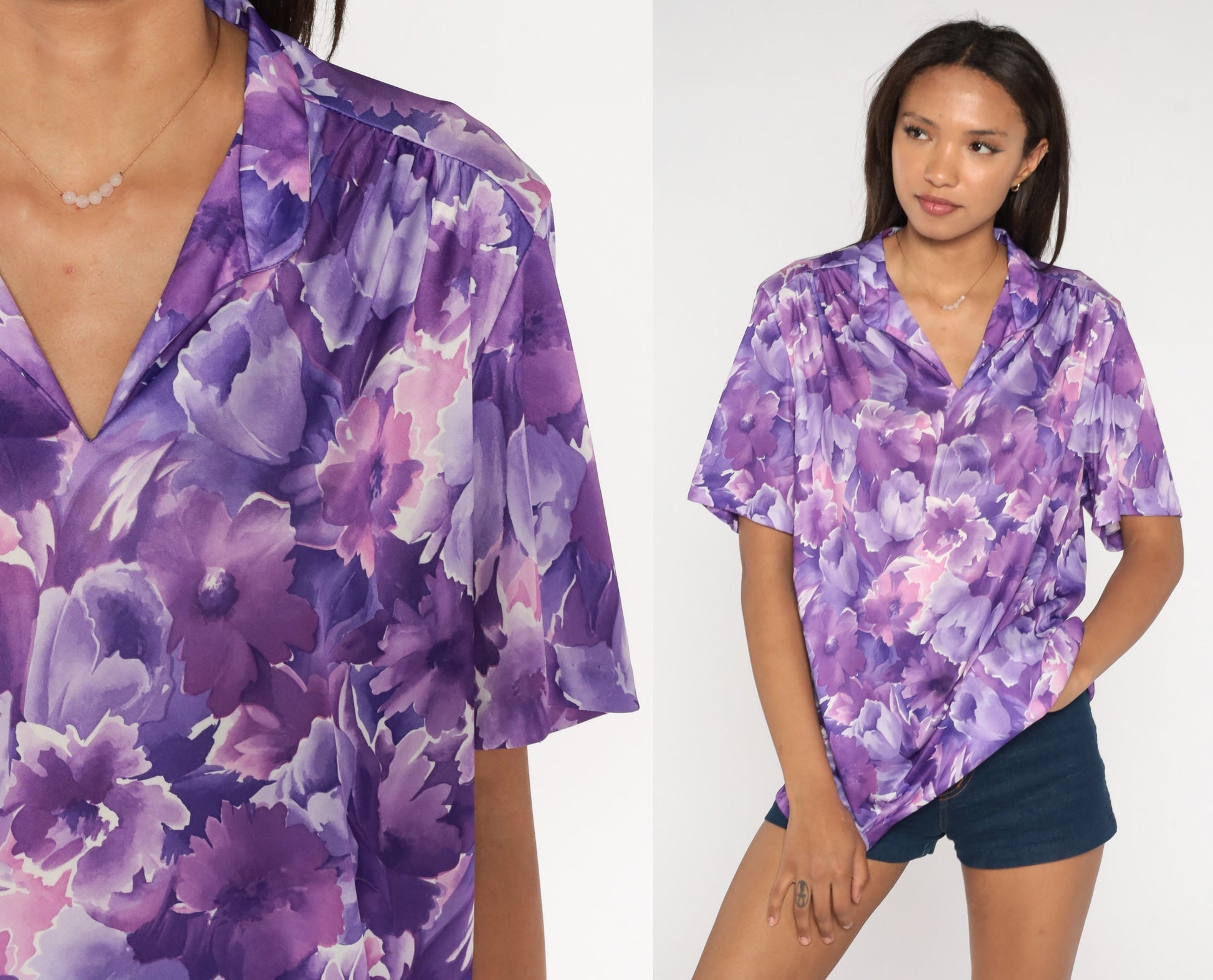 70s Purple Floral Tunic Blouse V Neck Short Sleeve Shirt Extra Large XL