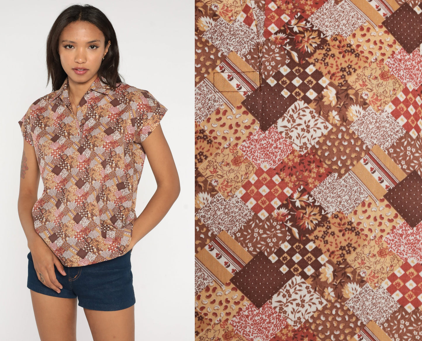 70s Floral Patchwork Blouse Brown Calico Print Tunic Short Sleeve Medium