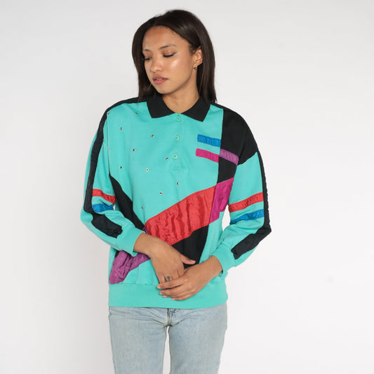 80s Adolfo Sport Color Block Sweatshirt Turquoise Striped Polo Rivets Medium