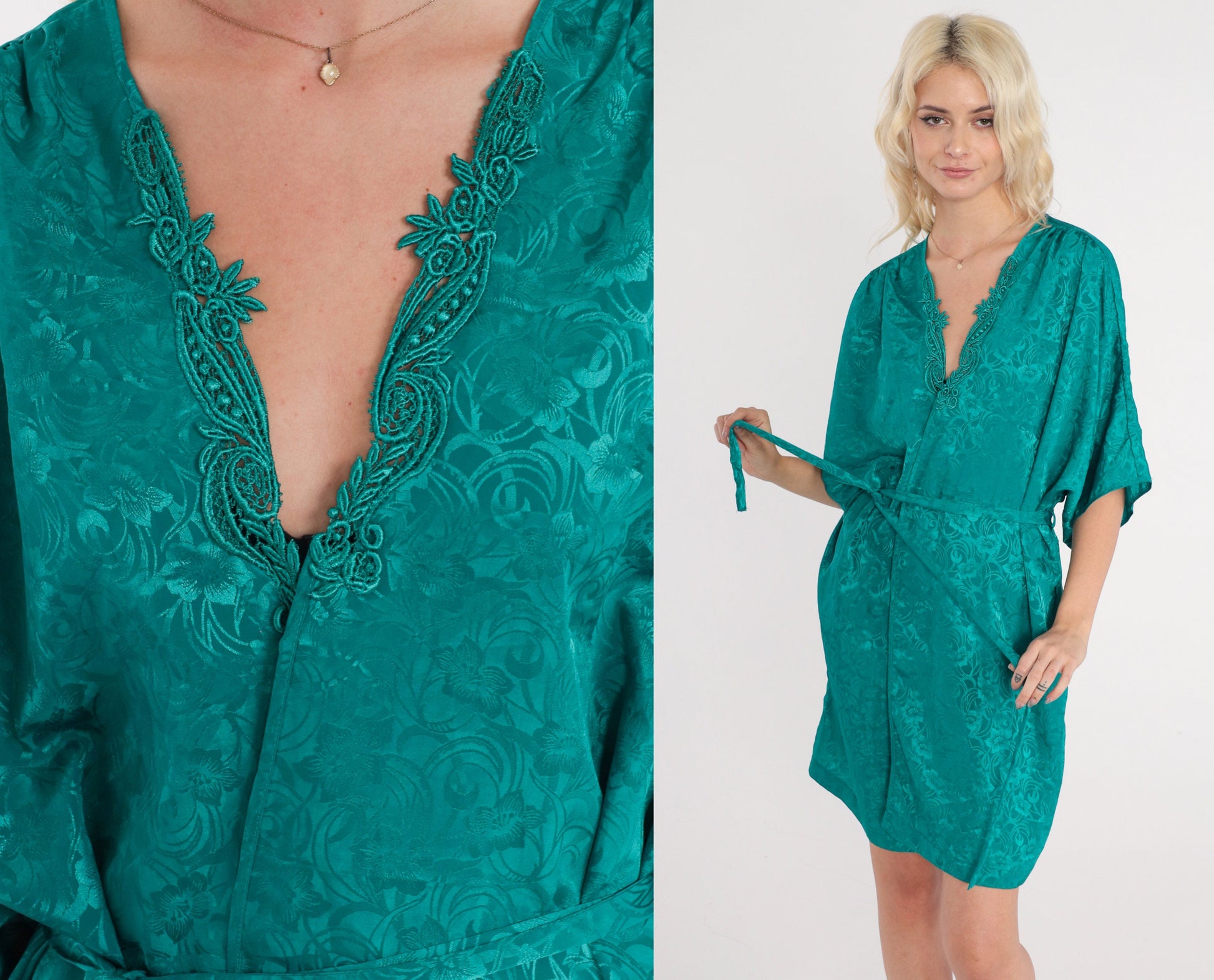 90s Val Mode Green Floral Embossed Pajama Robe Tie Front Mini Small S
