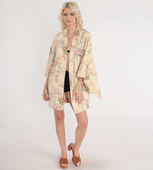 70s Metallic Floral Kimono Robe Cream Asian Print Mini Open Front Small Medium