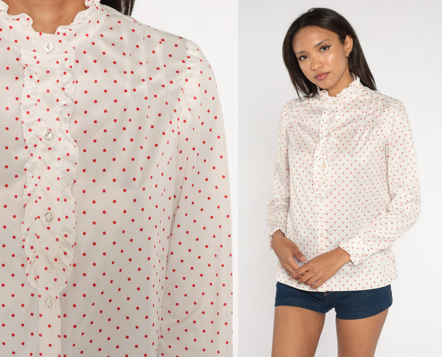 70s White Polka Dot Tuxedo Blouse Red Ruffle Puff Sleeve Button Up Medium