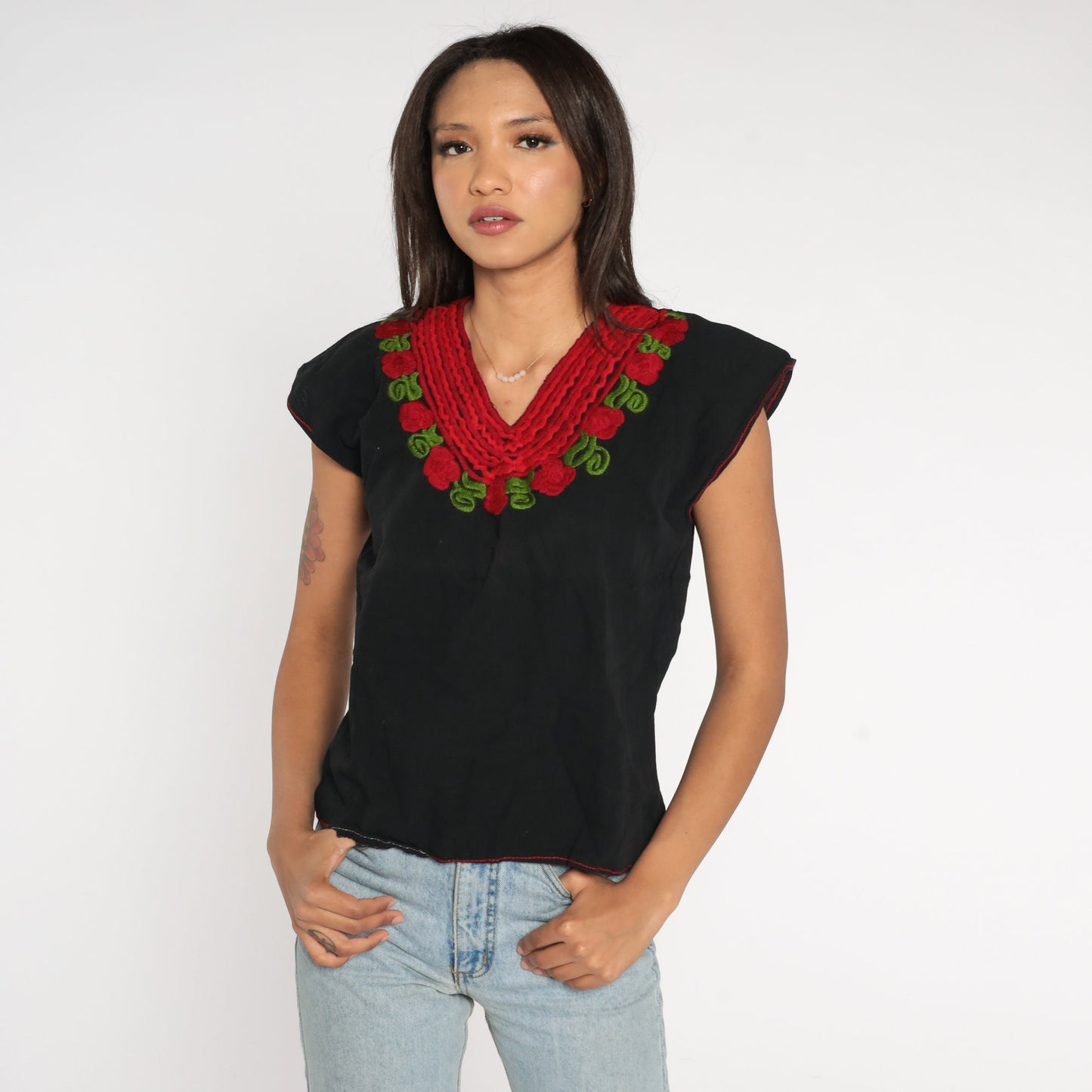 90s Mexican Embroidered Blouse Black Red Rose Tunic Cap Sleeve Medium