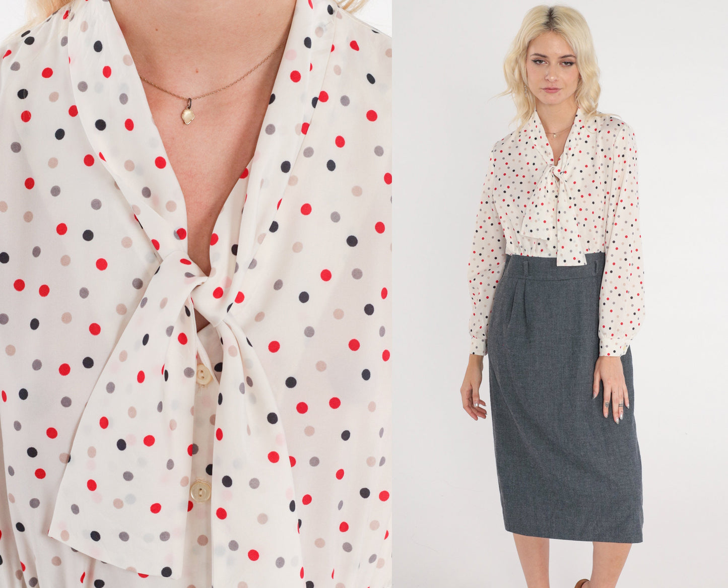 80s Polka Dot Ascot Midi Dress High Waisted Shirtwaist Grey White Medium