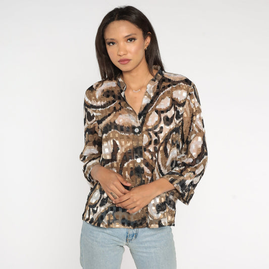 Y2K Ruby Road Blouse Metallic Swirl Print Black Brown White Button Up Medium