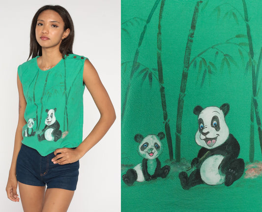 80s Panda Graphic Tank Top Green Painted Animal Print Cotton Small