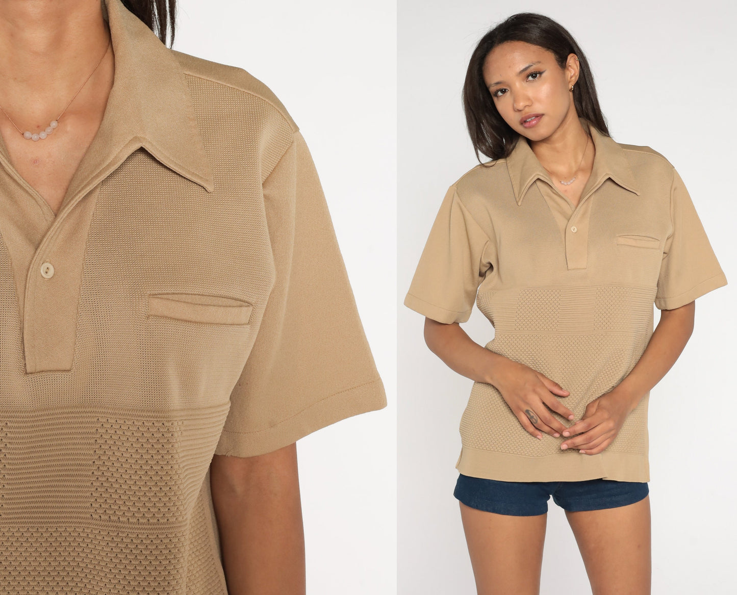 70s Tan Textured Polo Shirt Chest Pocket Collared Medium Large