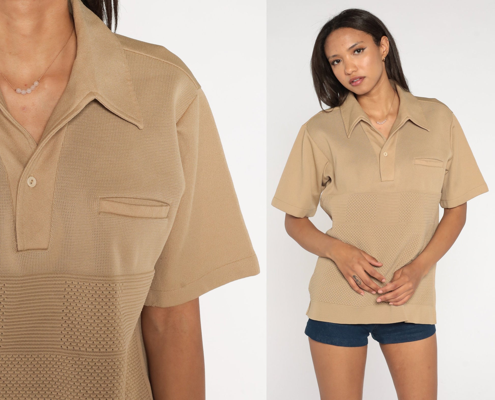 70s Tan Textured Polo Shirt Chest Pocket Collared Medium Large