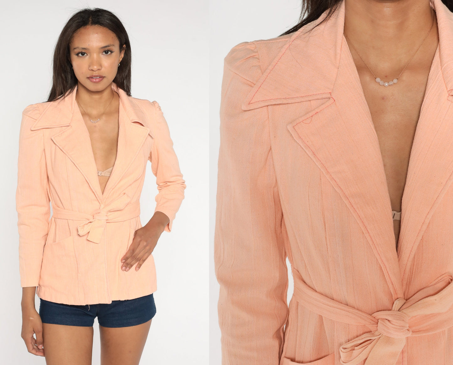 70s Peach Wrap Jacket Puff Sleeve Blazer Open Front Small
