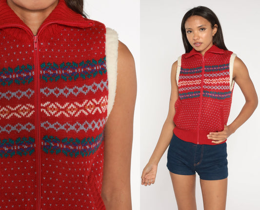 80s Fair Isle Fleece Vest Red Nordic Zip-Up Shearling Lining Extra Small