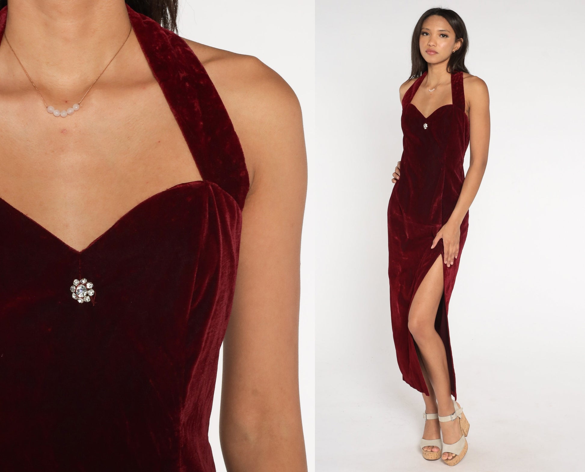 80s Gunne Sax Red Velvet Maxi Dress Halter Keyhole Back Small