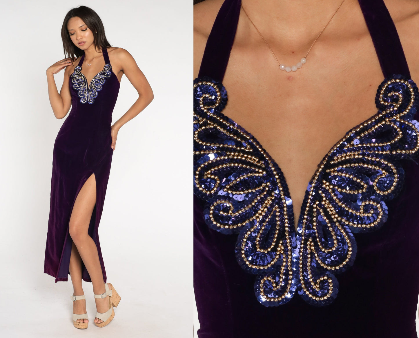 90s Zum Zum Purple Velvet Maxi Dress Sequin Halter Bodycon Slit Extra Small