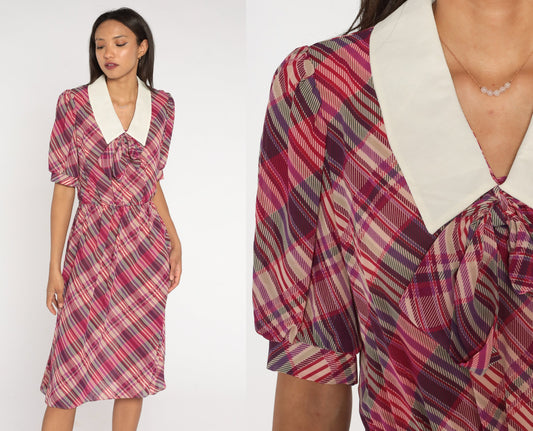 80s Purple Plaid Midi Dress Puff Sleeve Ascot Collar Small Medium