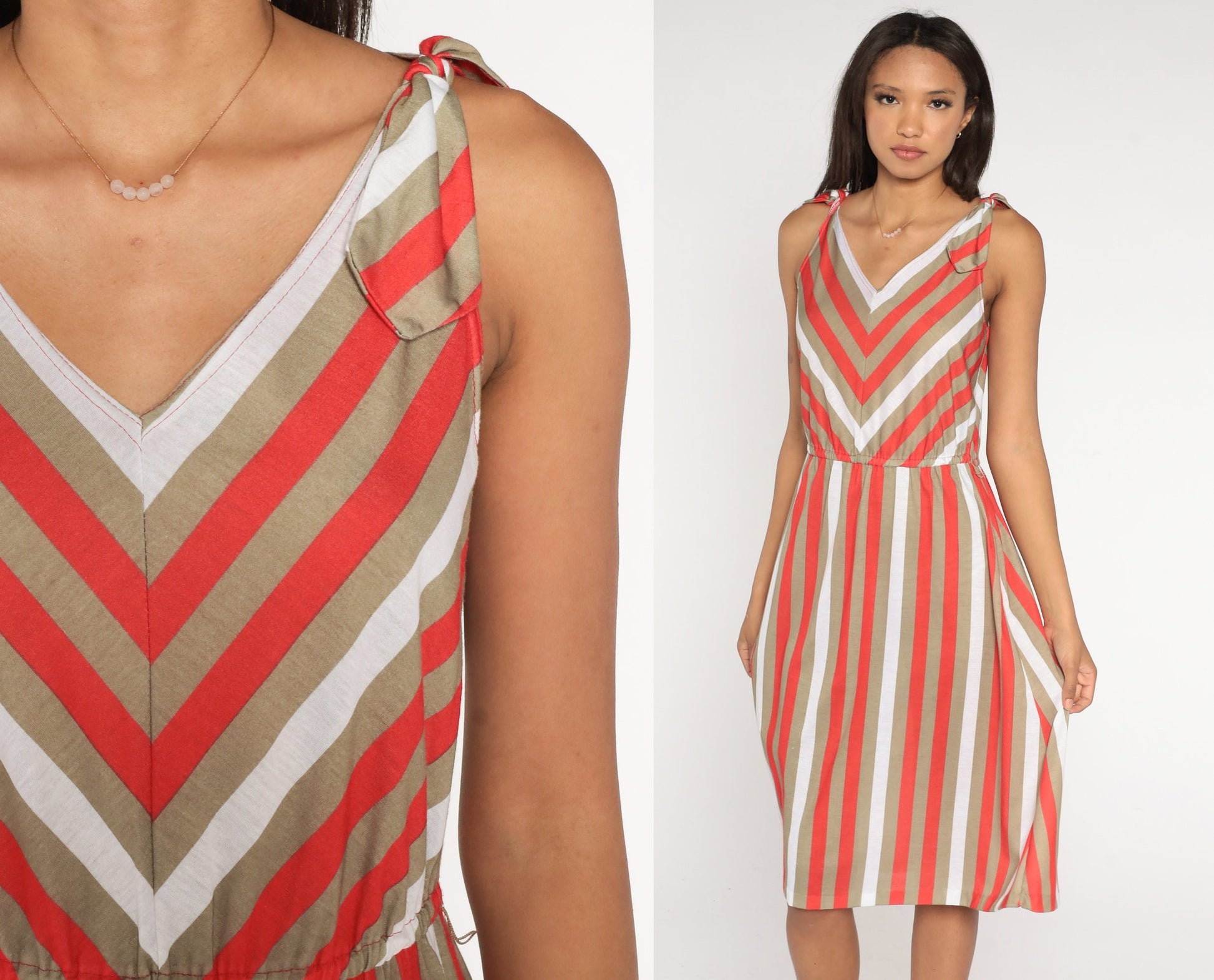 80s Striped Sundress Red Taupe White Sleeveless High Waist Tie Shoulder Small