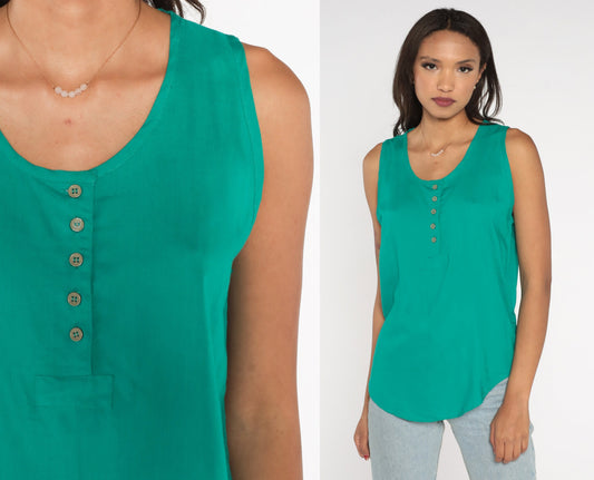90s Green Henley Tank Top Vintage Button-Up Sleeveless Medium M