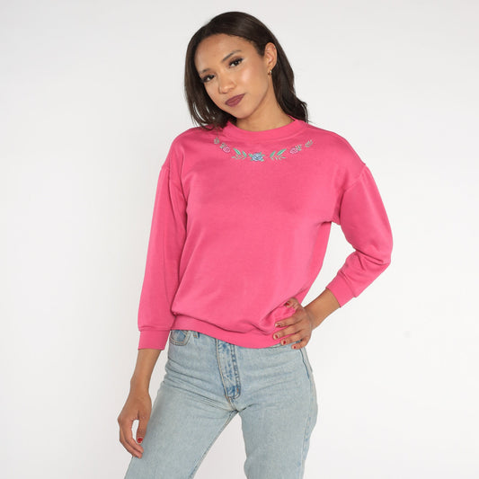 90s Floral Embroidered Sweatshirt Hot Pink Crewneck Pullover Extra Small