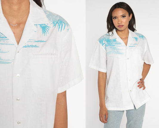 90s Iolani Hawaiian Outrigger Shirt White Button Up Tropical Print Medium