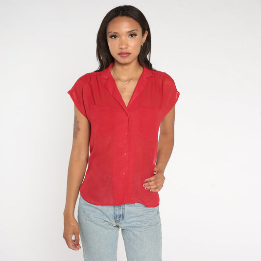 80s Red Sheer Button-Up Blouse Cap Sleeve Collared Shirt Medium