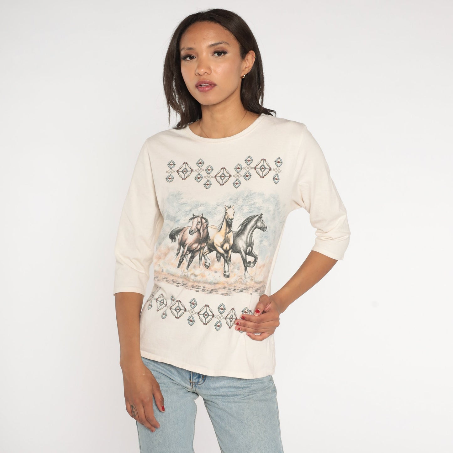90s Wild Horses Graphic T-Shirt Turquoise Coral Beads Half Sleeve Small