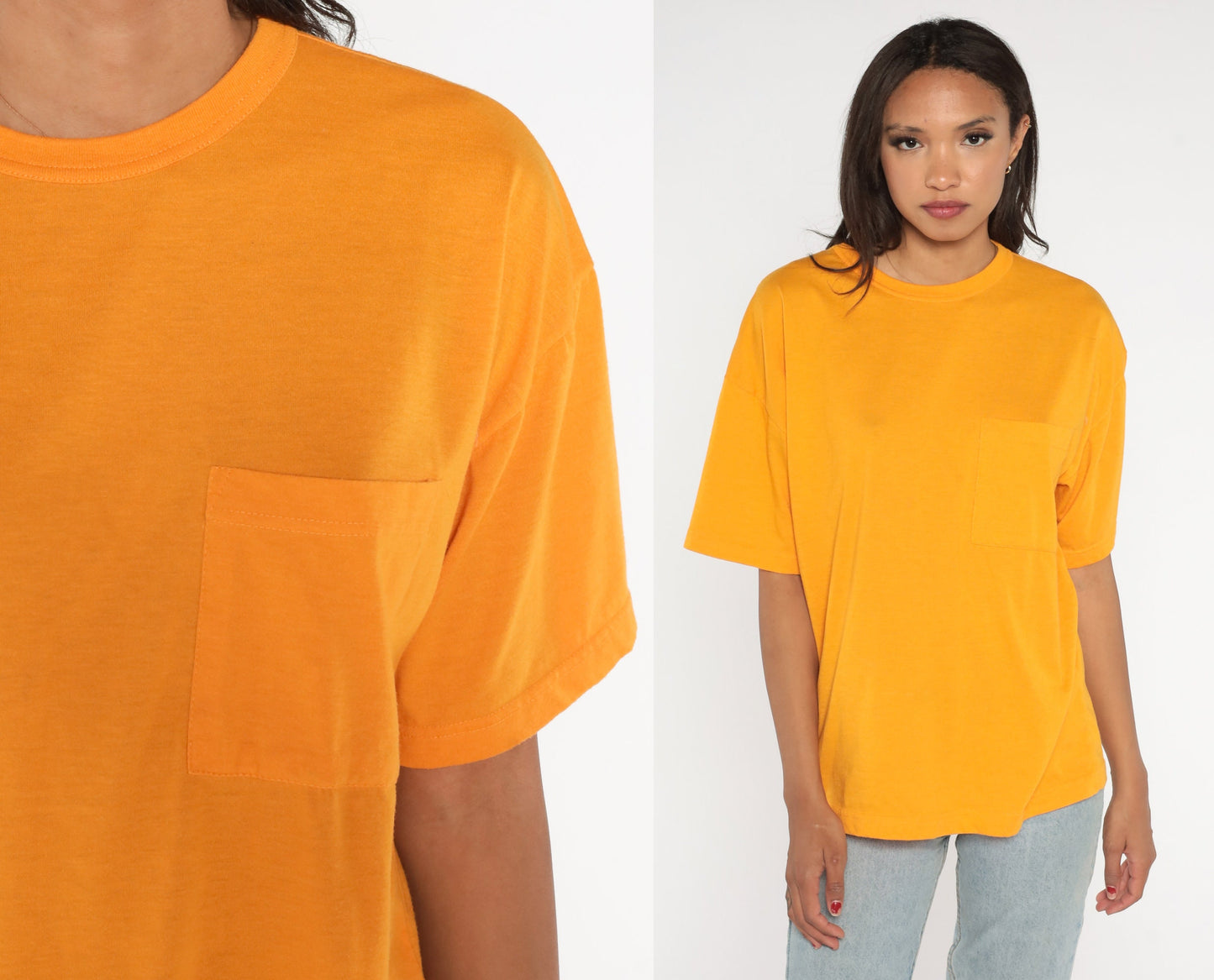 90s Yellow Pocket T-Shirt Cotton Blend Plain Tee Large L