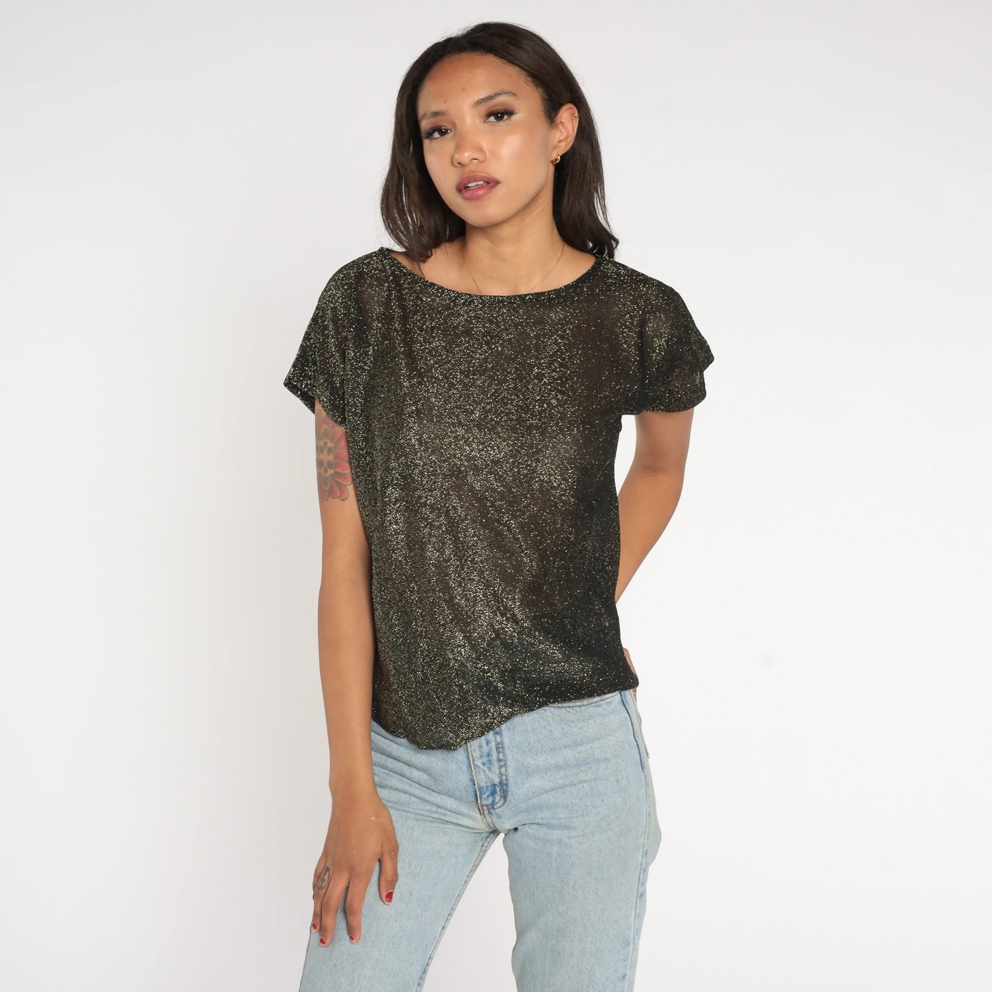90s Metallic Black Gold Sparkly Blouse Short Sleeve Medium
