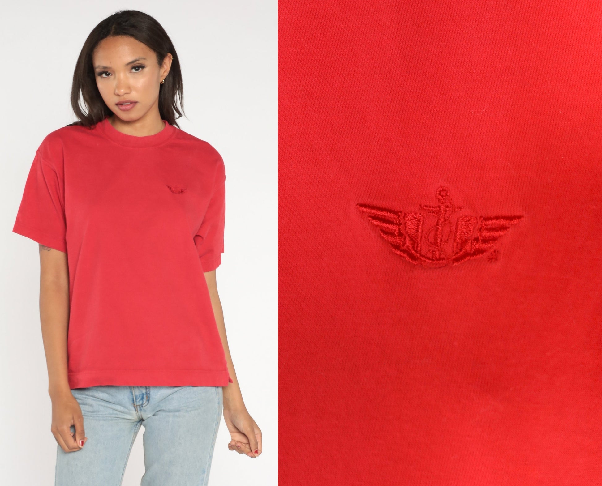 90s Dockers Red T-Shirt Embroidered Anchor Logo Cotton Tee Large