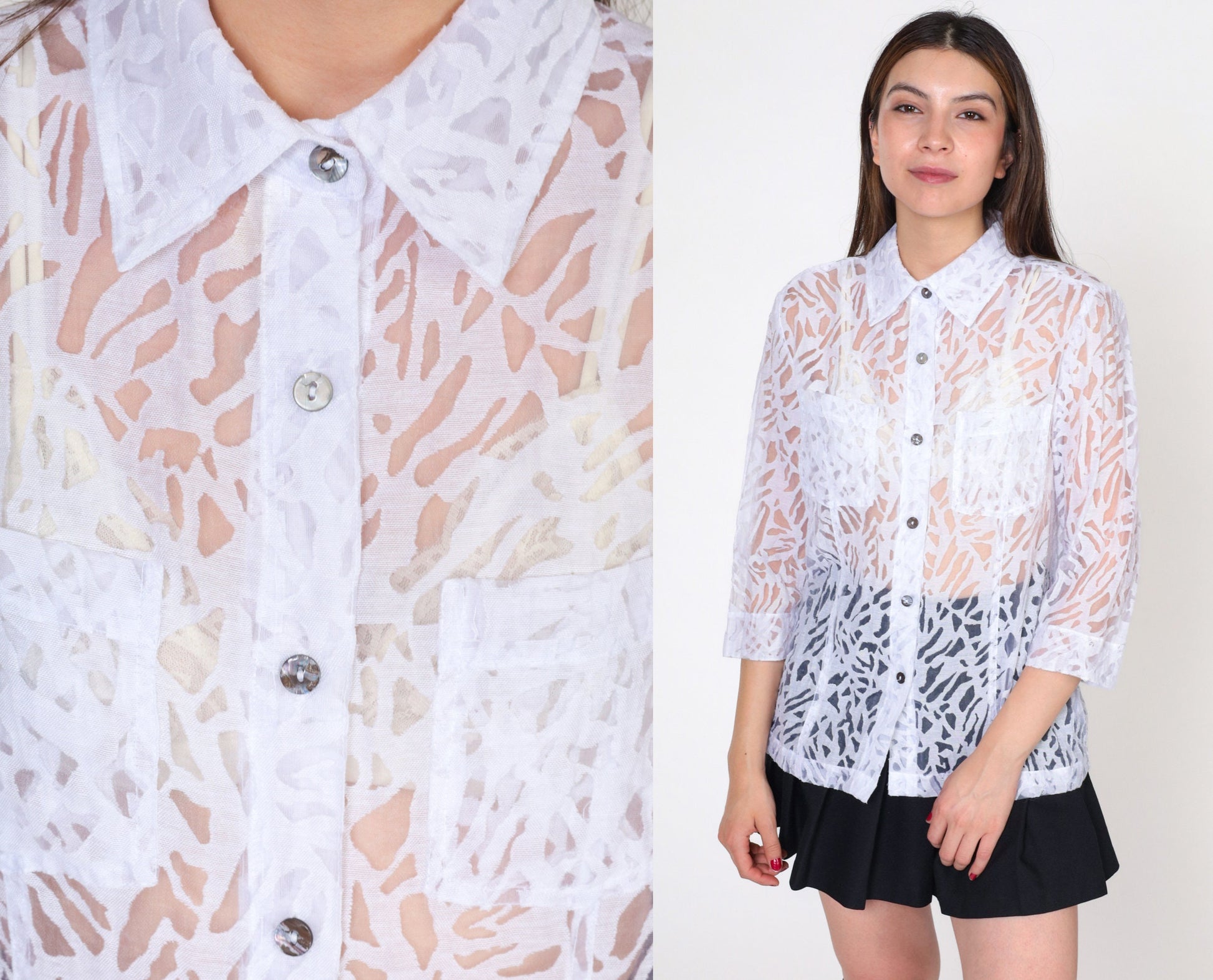 00s White Stag Sheer Burnout Blouse Animal Print Button-Up Small