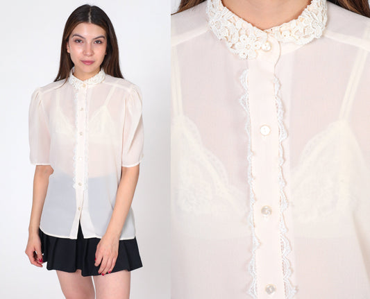 80s White Puff Sleeve Blouse Lace Collar Button-Up Short Sleeve Medium