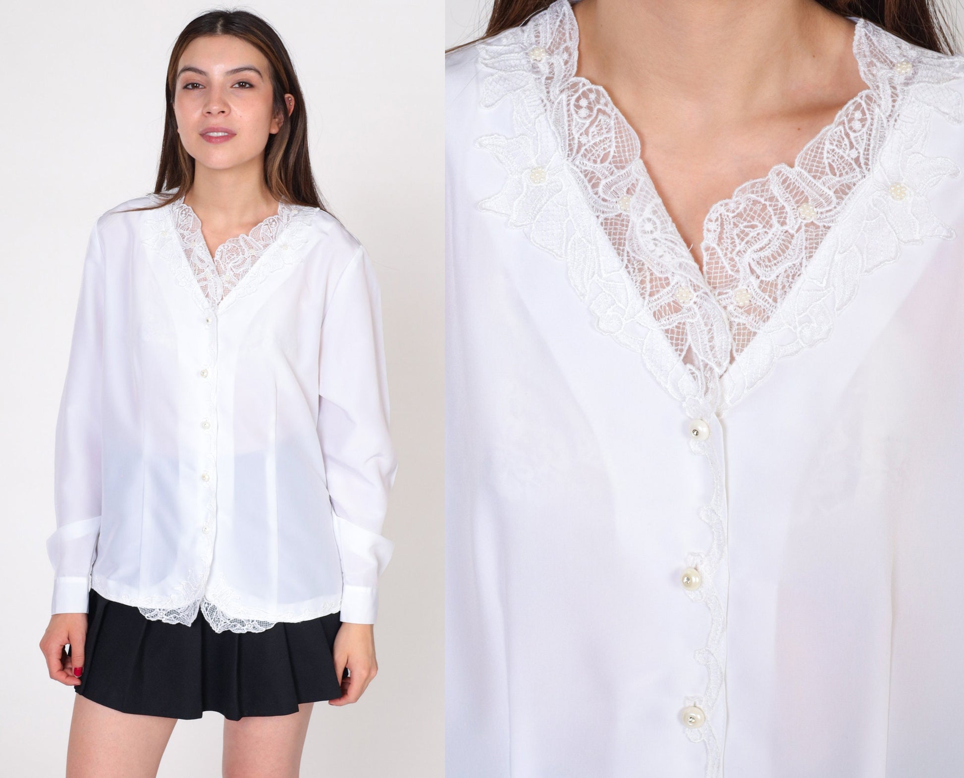 90s Kathie Lee White Beaded Lace Blouse Pearl Rhinestone Button Up Medium