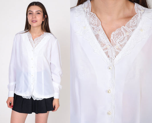 90s Kathie Lee White Beaded Lace Blouse Pearl Rhinestone Button Up Medium