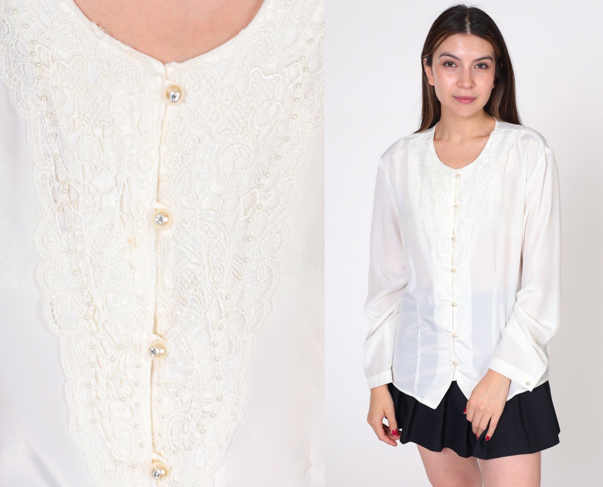 80s White Beaded Lace Blouse Pearl Rhinestone Button Up Long Sleeve Extra Large XL
