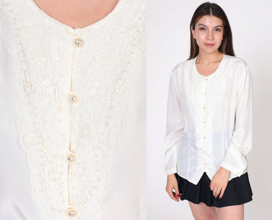 80s White Beaded Lace Blouse Pearl Rhinestone Button Up Long Sleeve Extra Large XL