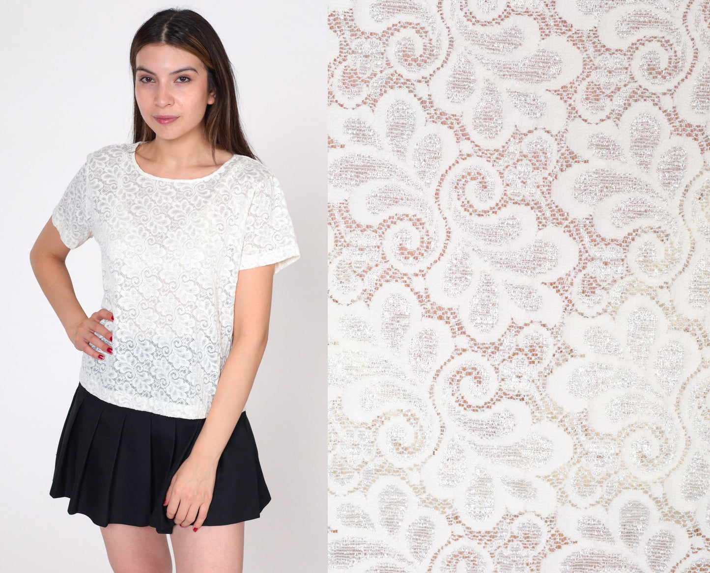 90s White Lace Blouse Sheer Short Sleeve Cotton Top Medium