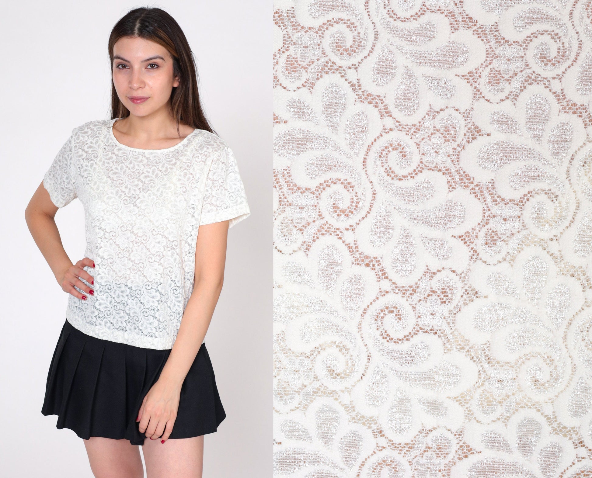 90s White Lace Blouse Sheer Short Sleeve Cotton Top Medium