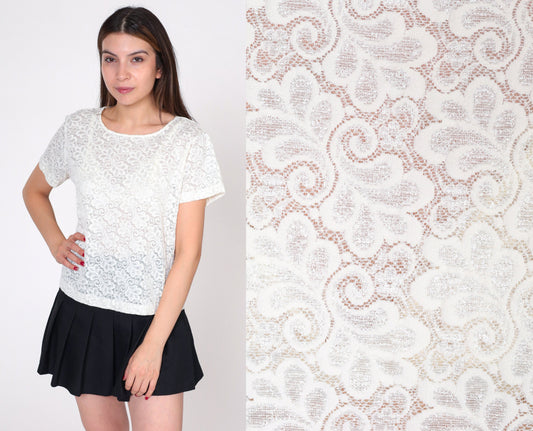 90s White Lace Blouse Sheer Short Sleeve Cotton Top Medium