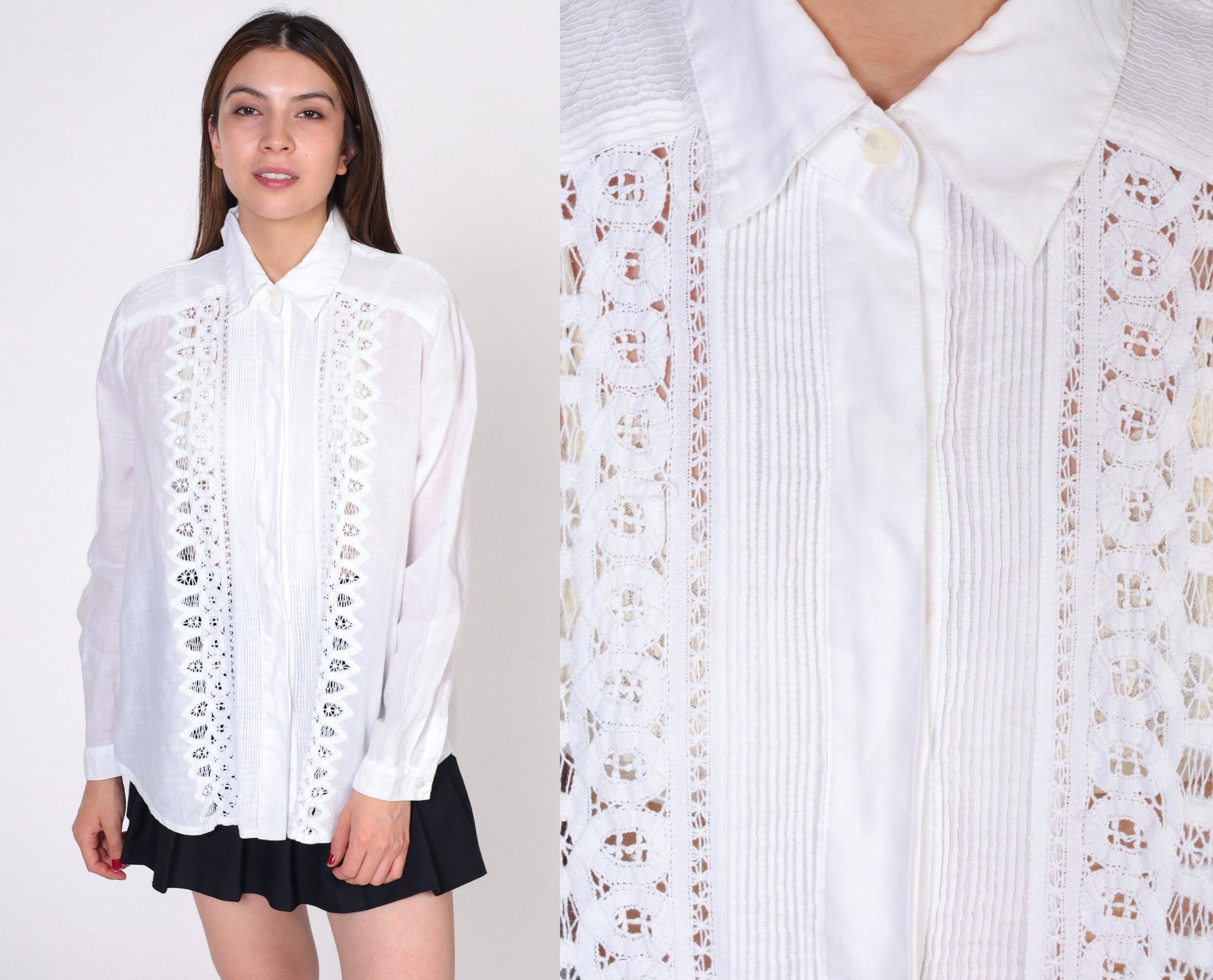 90s White Lace Cutout Button-Up Blouse Long Sleeve Extra Large